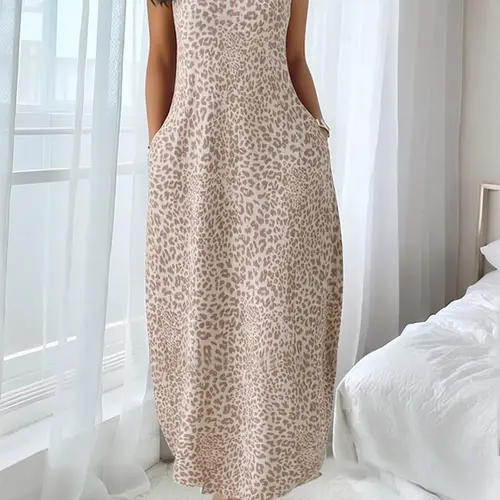 2026 Summer Loose Flowy Leopard Print Strap Dress with Pockets, Slimming Design, Casual Everyday Wear for Home and Outings