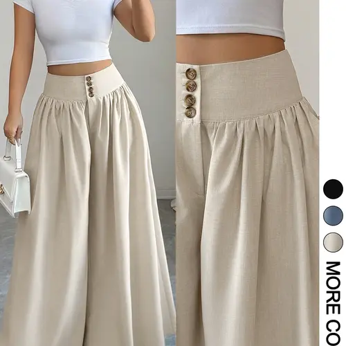 Women's High-Waisted Wide-Leg Palazzo Pants, Wide Legged Pants, Button Fly Gathered Waist Flowy Trousers, Button Front Trousers, Tummy Control Office Casual Wear, Old Money & Boho Style, Perfect for Summer Vacation