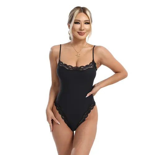 Lace Trim Nude Feel Bodysuit, Double Layer Slim Camisole Shapewear
