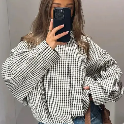 Plaid Oversized Jacket, Women's Bomber Jacket, Spring Autumn Casual Crop Long Sleeve Top, Fashion Stand Collar Zip-Up Pilot Jacket for Office Commutes, Brunch and Dates, Casual Collared Outerwear