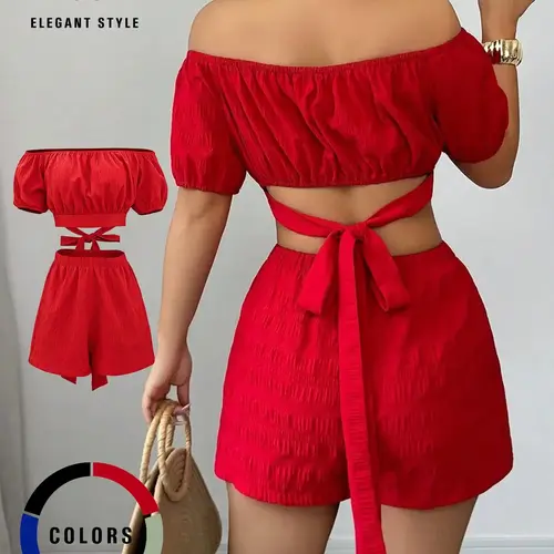 Summer Women's Off-Shoulder Matching Crop Top & Shorts Set, Back Tie Design, Elegant Chic, Stylish Casual, Perfect for Warm Weather, Comfortable and Trendy Clothes, Short Sets