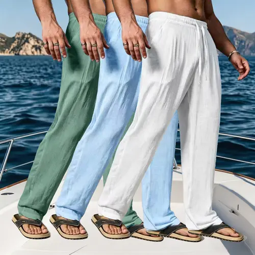 3 Pack Men's Beach Vacation Pants | Loose Fit Lightweight Breathable Drawstring Summer Pants, 100% Polyester for Beach, Travel, Home & Daily Wear