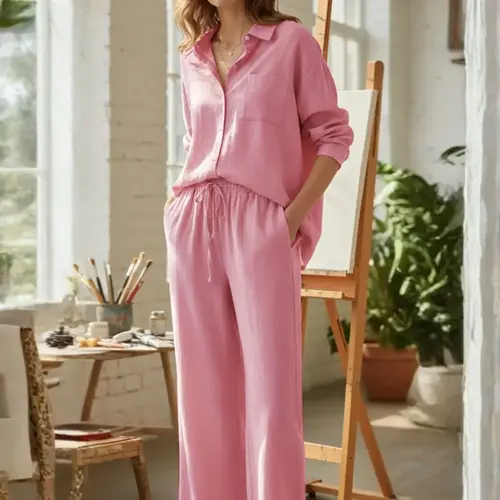 Women's Two-Piece Long Sleeve Shirt and Pants Set, Basic Casual Everyday Home Wear for All Seasons, Comfortable and Stylish Ladies' Clothing, Fashion Clothes Set