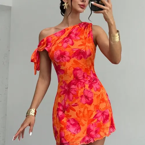 Women's Elegant Floral Printed Asymmetric One-Shoulder Mini Dress Mesh Fabric Short Dress for Summer Beach, Party and Graduation Dance