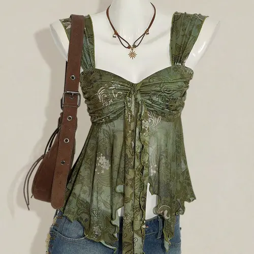 Y2K Floral Mesh Ruffle Cami Top, Sweetheart Neck Asymmetric Hem, Lightweight Breathable Sheer Tank Top, Fairy Grunge Boho Bohemian Aesthetic, Women's Fashion, Fit, Sleeveless Printed Top