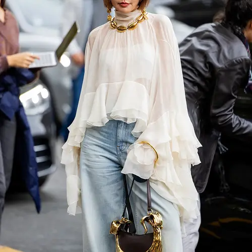 Women's 2026 Spring New Ocean-Style Elegant Basic Mesh Ruffle Long-Sleeve Comfy Blouse - Sheer Tulle Ruffled Edge Plus Size Fashion Top, Suitable for Casual Daily, Business Casual Wear, Casual Blouses