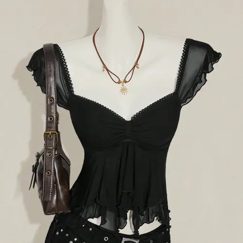Y2K Mesh Ruffle Trim Peplum Fit Top, Sweetheart Neck Flutter Sleeve Sheer Blouse, Fairy Grunge Coquette Aesthetic, Trendy Women's Fashion, Womenswear, Blouses Shirts Tops
