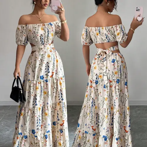Elegant Feminine Backless Cross Strap Long Floral Print Dress for Women, Stylish Formal Evening Glam Gown, Perfect for Special Occasions, Chic and Timeless Design