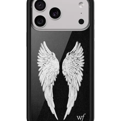 Black Angel Baby | Limited Edition Trendy iPhone Case | Raised Protective Black Bumper | Women Owned Small Business | Dark Black Background Angelic Feather Wings | Safety Casing Protective | Gift for Her, Custom, Protection, Durable