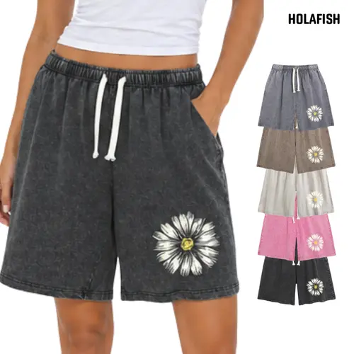 Holafish Unisex Oversized Acid Wash Casual Shorts, Relaxed Fit Elastic Waist Drawstring Shorts with Pockets,back to school shopping