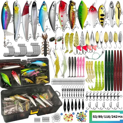 53/89/116/242 pcs Fishing Lure Set, Artificial Lures, Assorted Hard and Soft Baits, Topwater and Spoon Lures with Hooks and Tackle Box, Fishing Gear and Equipment Kit, Gift for Fishermen, Fishing Combo