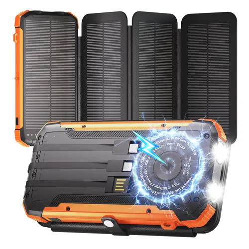 20000mAh Solar Powered Portable Charger (4 Foldable Solar Panels), Phone Accessories with Built-in Wireless/3 Cables, PD 15W Fast Charging, 6 Ports, Dual Flashlights, Carabiner, Waterproof EDC Everyday Carry Gear for All Mobile Devices