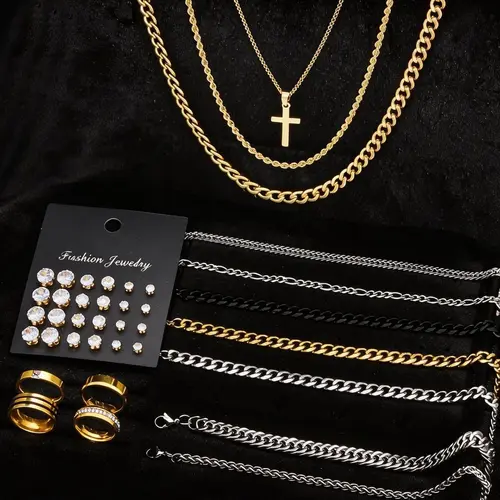 38-Piece Stainless Steel Fashion Jewelry Set, Zircon Earrings, Cross Necklace & Bracelet, Men's & Couple Accessories for Daily Wear and Gift