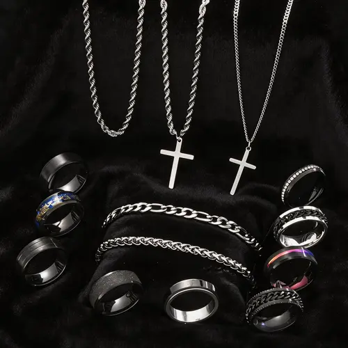 14/55 Piece Stainless Steel Trendy Jewelry Set, Hip Hop Punk Cross Men's Ring Necklace Bracelet, Party Gift for Boyfriend Birthday Father's Day
