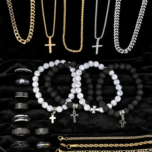 21-Piece Stainless Steel Fashion Jewelry Set for Men, Casual Punk Cross Pendant Necklace, Chain Bracelet and Ring Set, Perfect Statement Gift for Dates