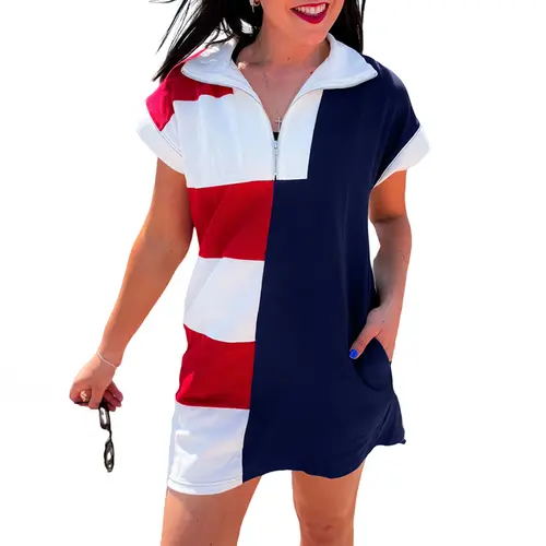 Mntaor Women's Navy Colorblock Stripe Dress - Zip Front Collared Neck Short Sleeves Ideal for Office Casual Weekend Getaways Concerts Trendy Americana Look Comfortable Eye-Catching