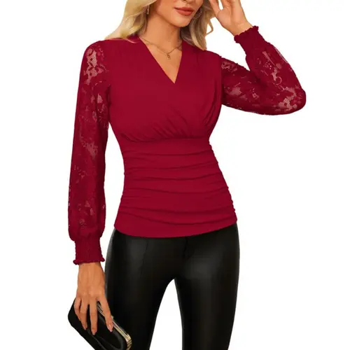 Grace Karin Women's Slim-Fitting High Stretch Polyester Blend Blouse - Chic Long Lace Sleeves, Wrap Design, Ruched Detail, Dress Casual Party Top, 2026 Summer Evening Outfit