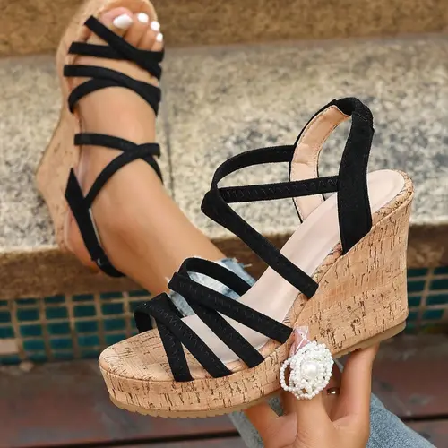 Women's Comfortable Fashionable Stylish Plain Slingback Comfy Wedge High Heels Sandals, Wedged Platform Sandals Casual Crisscross Strap Cork Platform Sandals for Summer Outfits