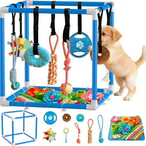 Indoor Puppy Play Set - PVC Frame Agility Equipment with 8 Toy Variety, Snuffle Mat, Stretchy Velcro Rope, Bite Resistant Enriched Fun for Small Dogs (Blue, 19.6x19.6x19.6in) Supports Foraging Behavior