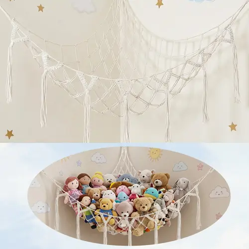 Macrame Stuffed Animal Hammock with Tassels, Large Corner Toy Storage Net with Wall Anchors & Hooks, 100% Cotton Plush Toy Organizer for Kids Room, Nursery, Bedroom Wall Decor, Hanging Toy Net, Single Pack, White