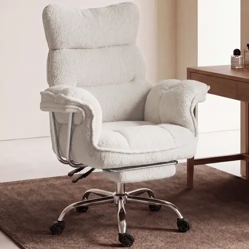 Summervibes Dowinx Big and Tall Office Chair, Ergonomic Desk Chair with Thick Cushion, Wide Seat & Armrests Computer Gaming Chair,High Back Reclining Teddy Fleece Criss Cross Chair with Foot Rest