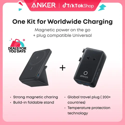 Anker Magnetic Portable Charger (5,000mAh) - Mobile Charging Accessory with Built-In Foldable Stand, Side USB-C Port + Anker Nano 5-in-1 Ultra-Compact Global Charger for On-the-Road Use,back to school,back to school haul
