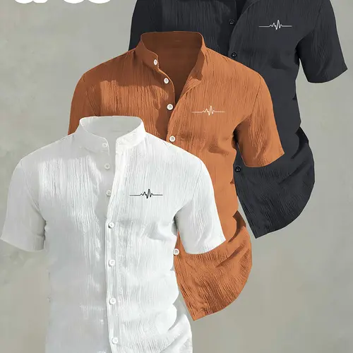 3-Pack Men's Menswear Summer Classic Short Sleeve Top Shirts, Fitted Breathable Fabric Solid Collar Button-Up, Ideal for Beach Pool, Casual Swimwear, Perfect for Summer