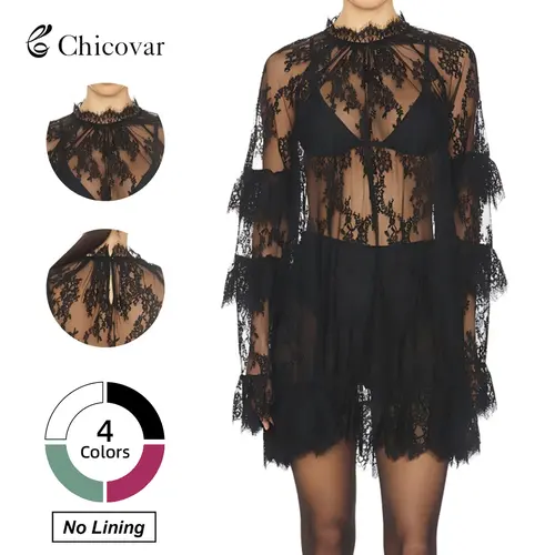 Chicovar  NO Lining! Women's Sheer Lace Dress, See Through, Unlined, Long Sleeve, Crew Neck, Elegant Night Out Mini Dress, Concert, Party, sohochic