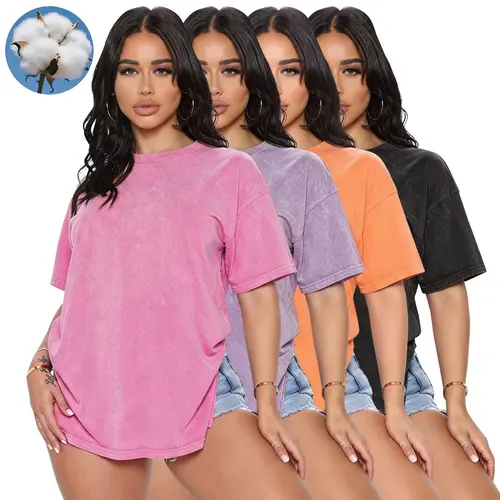 Women’s 4-pack loose solid-color short-sleeve T-shirts, distressed wash, versatile crew neck casual tops suitable for everyday outings and outdoor sports.