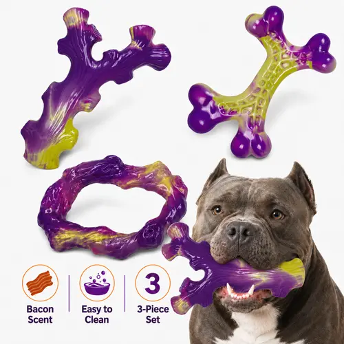 Apasiri 3-Pack Dog Chew Toys for Medium & Large Dogs, Tough Durable Chew Toys, Easy to Clean, Bacon Flavored, Keeps Dogs Busy & Calm, Multiple Shapes