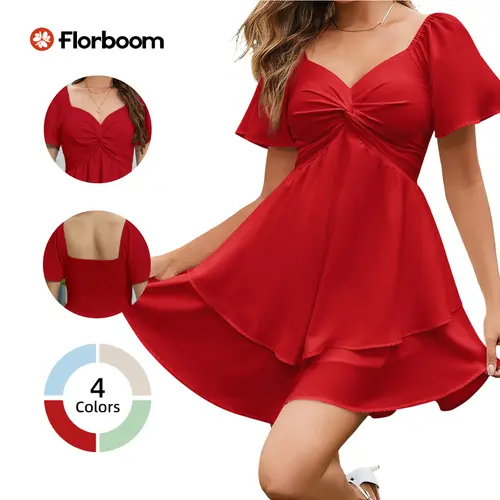 Florboom Women's Cute Sweetheart Neck Twist Front Dress Short Flutter Sleeve Lined Fit and Flare Layered Ruffle Hem Party Vacation Mini Dresses fashion