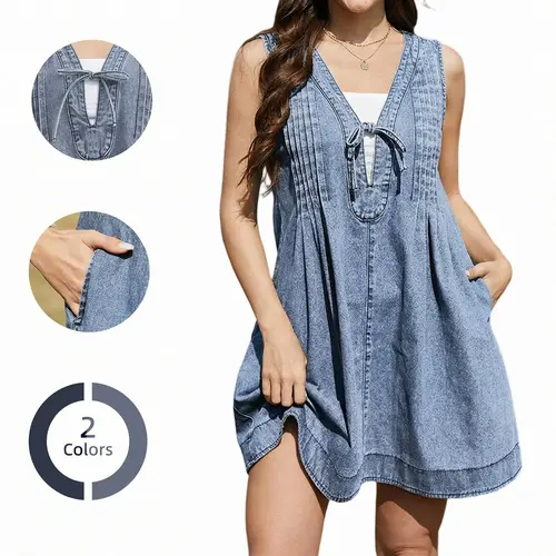 Chicovar Women's V Neck Denim Dress Sleeveless Tie Front Pleated Mini Dress Loose Fit Casual Jean Babydoll Dress with Pockets, Summervibes