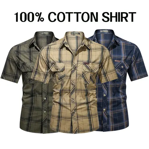 Men's 100% Cotton Checked Plaid Shirt - Classic Short-Sleeve Slim Straight Fit Menswear with Dual Pockets, Retro Vintage Fabric Top, Ideal for Casual Wear & Workwear