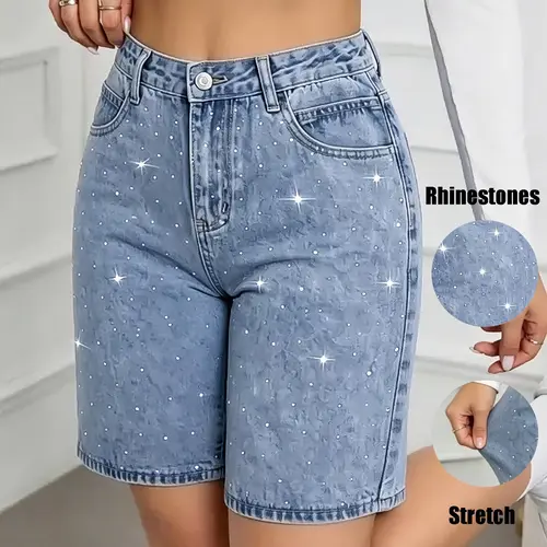 Summer New Women's Casual High-Waisted Slim Rhinestone Elastic Button Denim Shorts, Comfortable Breathable Fabric, Perfect for Summer, Comfy Summer Shorts