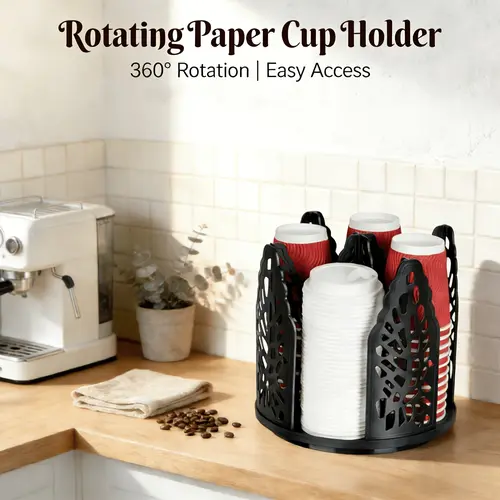 4-Tier Rotating Hollow Plastic Cup Holder with Compartments - Disposable Coffee Cup Dispenser, Detachable Lid Organizer, Kitchen Accessory, Reinforced ABS Resists Daily Bumps, Suitable for Countertops, Coffee Stations