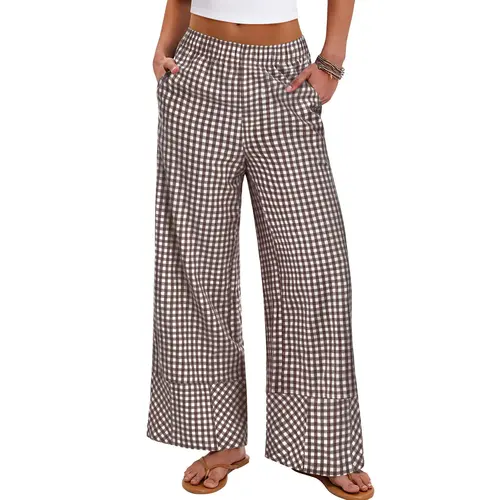 ANRABESS Womens Gingham Pants Plaid Checkered Striped Boxer Wide Leg Palazzo Lounge PJ Bottoms Trousers with Pockets