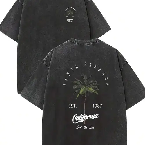 Vintage Santa Barbara California T-Shirt, Retro Washed Cotton Oversized Short Sleeve Tee, EST. 1987 Surf The Sun Palm Tree Graphic Casual Summer Top for Men Women