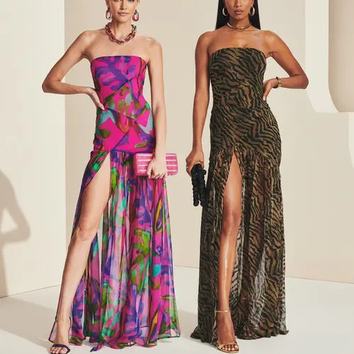 Lady's Backless Sleeveless Tube Top Dress - Mesh Patchwork Tropical Leopard Print High Slit Long Womens Dress for Party, Brunch, Womens Dresses