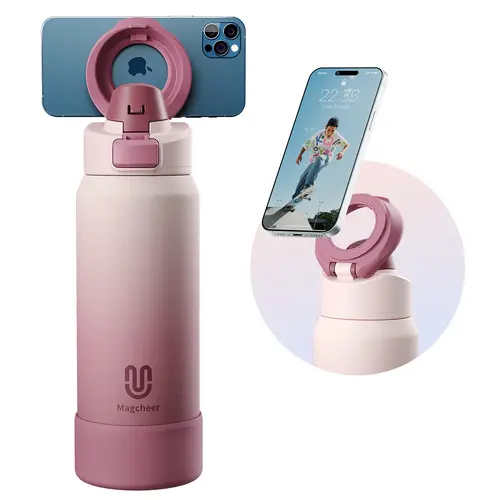 MAGCHEER 32oz Portable Cylindrical Insulated Magnetic Water Bottle - Vacuum Flask Tumbler - Magsafe Phone Holder Compatible - Keeps Bottled Drinks Hot/Cold 24hrs - Ideal for Outdoor Activities, Travel