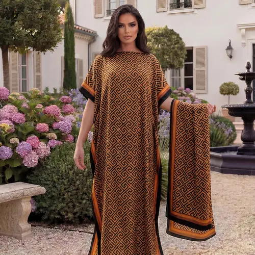Women's Geometric Print Shawl Set, Fitted Long Robe with Headscarf, Sun Protection Silk Scarf, Beachwear for All Seasons, Beach Cover Up, Beach Coverups