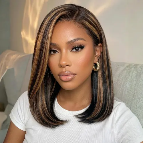 【Side Part】UNice Black with Caramel Highlights Yaki Straight Bob Glueless 7x5 Closure Human Hair Wigs with Drawstring Natural Hairline No Slip Beginners Friendly, Human Wigs, Hd Lace Closure, Female, Voluminous Bob Human Hair Lace Closure Wigs