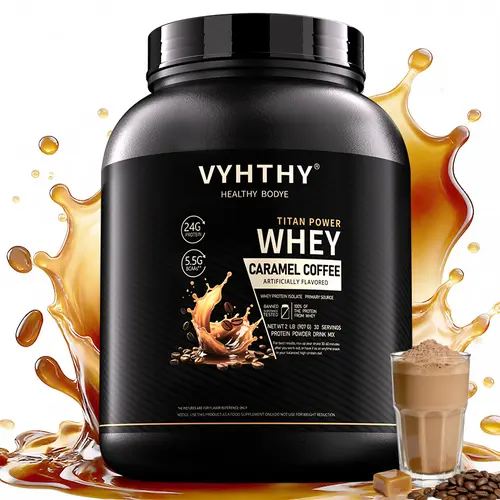 VYHTHY Sugar-Free High-Protein Powdered Mix-In Supplement - Caramel Coffee Flavor, 24g Protein, 3.5g BCAAs, High-Quality Whey Isolate & Concentrate, Cholesterol-Free Safe Ingredients for Adult Muscle Growth & Recovery
