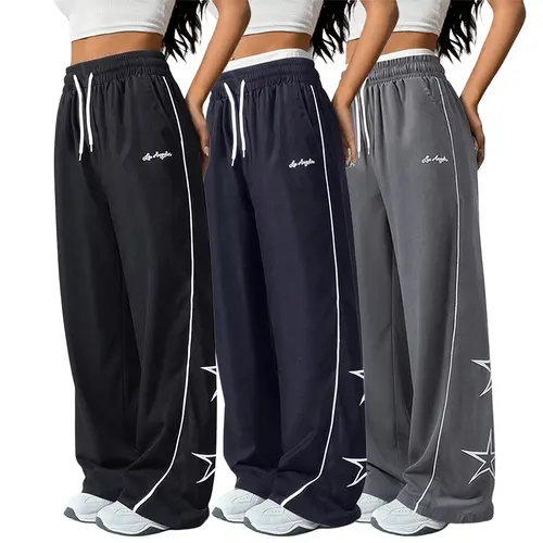 3-Pack Women’s Polyester Loose Athletic Pants, Five-Star Design, Drawstring Side Stripes, Casual Street Style