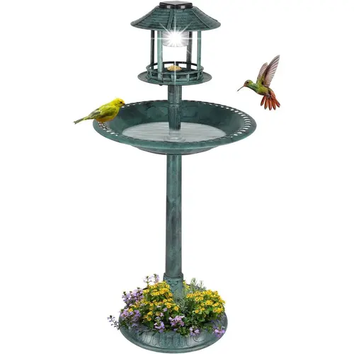 Outvita Outdoor Bird Bath, Garden Bird Baths Decorations with Solar-Powered Lamp and Resin Pedestal Flower Planter Base Bird Feeder for Yard Patio Summervibes