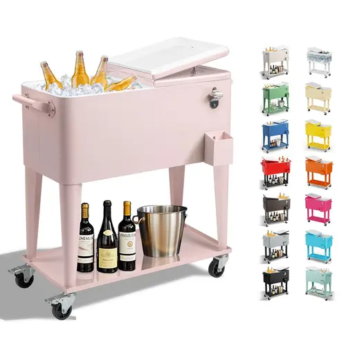 Outvita 80 Quart Patio Cooler Rolling Cooler Ice Chest with Shelf, Wheels and Bottle Opener, Portable Patio Party Drink Cooling Cart Summervibes