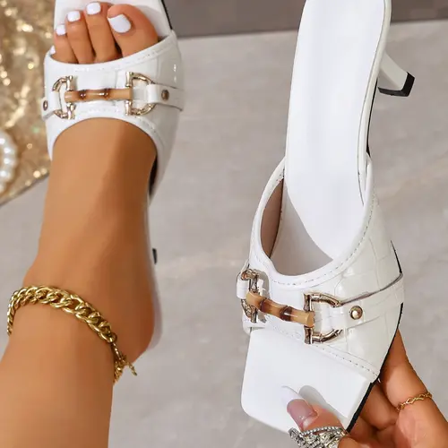 Patent Leather Square Toe High Heel Sandals, Summer, Metal Buckle, Slip-On, Elegant Cat Heel, Women's Fashion Shoes, Outer Wear Mules, Buckle Heeled Sandals