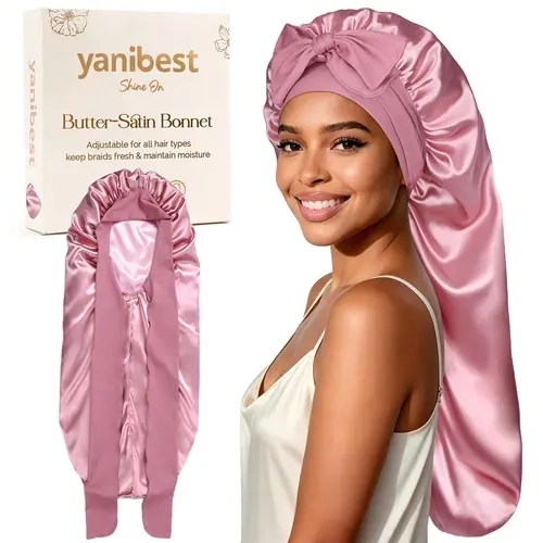 YANIBEST Extra Long Satin Sleeping Bonnet for Curly/Wavy/Long Hair - Soft Fabric Gentle on Scalp, Stretch Adjustable Wide Band, Unscented Anti-Frizz Moisture Lock Haircare Tool for Adults to Protect Braids