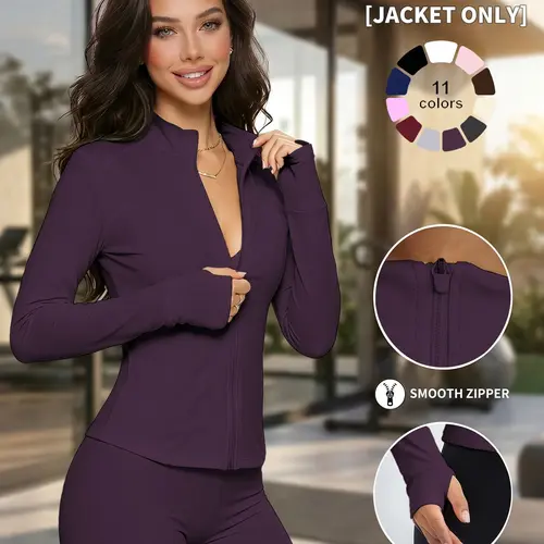 Women's Plain Zipper Yoga Top, Sporty Slim-Fit UV-Protective Jacket, V-Neck Long Sleeve, Spring Summer Outdoor Gym Wear, Activewear, Fitness Apparel
