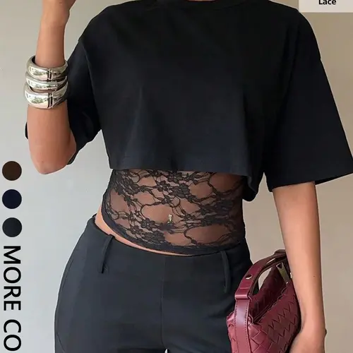 Women's Casual Basic Minimalist Lace Lining Fake Two-Piece Design T-Shirt, Daily Commute Everyday Essential, Vacation/party Versatile Top, Fitted Style