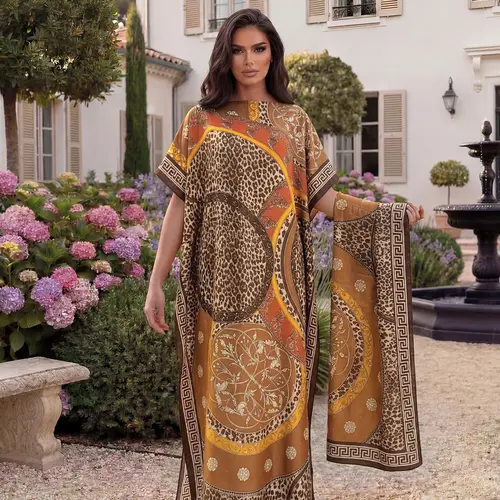 Fashion Leopard-Print Shawl Set, Sexy Fitted Long Robe and Headscarf, Sun-Protection Silk Scarf for Beach, All-Season Wear, Beach Cover Up